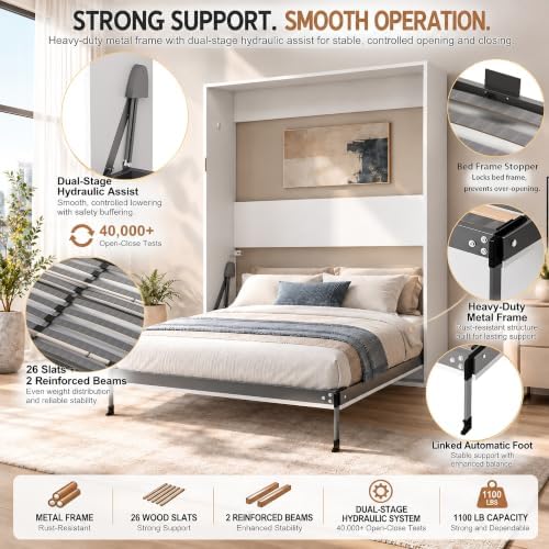 Queen Murphy Bed, White Vertical Folding Wall Bed Cabinet for Small Spaces