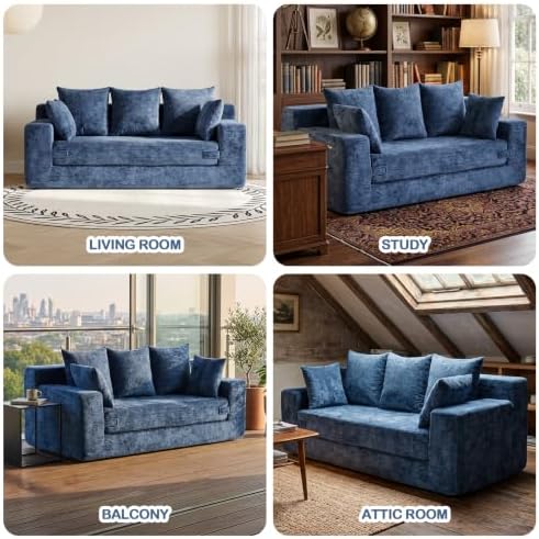 4-in-1 Boneless Sofa Bed, 70 inch Boneless Couch with Storage Pocket & 5 Pillows, Plush Velvet Couch for Living Room, Guest Room, Small Space