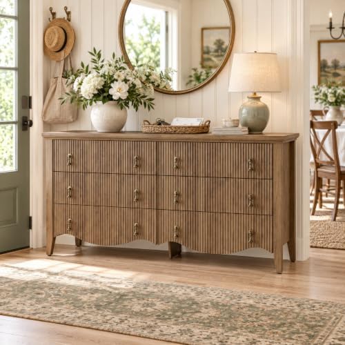 6-Drawer Fluted Dresser, 52" Wide Double Chest of Drawers,Light Oak