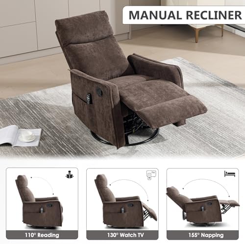 Trustyue Swivel Rocker Recliner Chair, 360° Swivel Recliner with Heat and Massage, Rocker Recliner Nursery Glider Chair with Side Pockets for Living Room (Brown, Fabric)