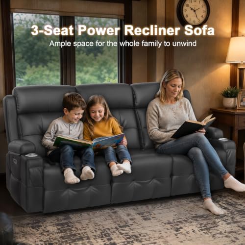 3 Seat Power Reclining Sofa, Theater Seating with Heat & Massage, Gray