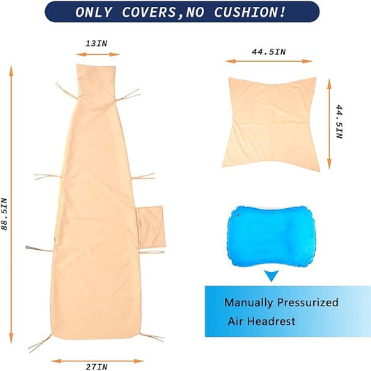 Replacement Cover for Outdoor Hanging Lounge Chair Cushion (Cover Only), Waterproof, with Umbrella Fabric and Inflatable Headrest, Patio Curved Chaise Hammock Swing Lounger Cushion Cover (Khaki)