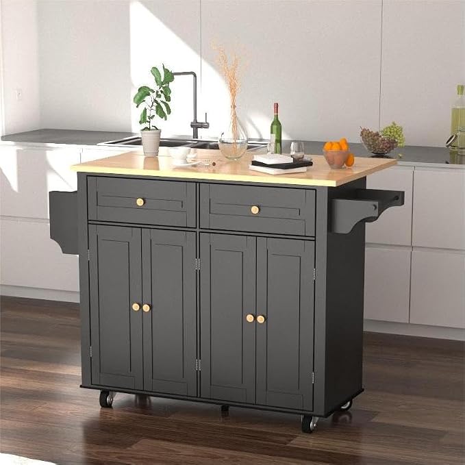 51 Kitchen Island Cart with Drop Leaf Breakfast Bar, Rolling Mobile Kitchen Island Table on Wheels with Storage Cabinet, Drawer, Spice/Towel Rack, Black