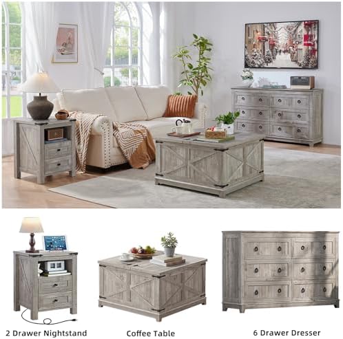 Joaxswe Nightstands Set of 2 with Charging Station and 2 Drawers, Farmhouse