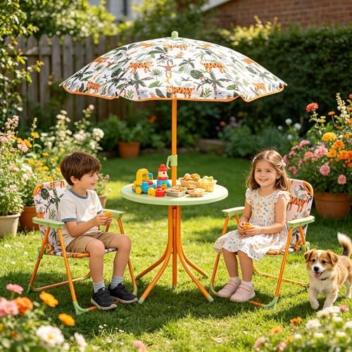 HONEY JOY Kids Picnic Table, Animal Themed Toddler Outdoor Table and Chair Set, 2 Folding Chairs & Removable Umbrella, Children Outdoor Furniture for Backyard Patio Garden (Green Tiger)