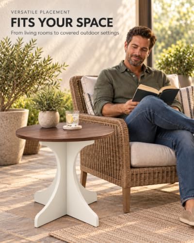 24in Modern Round Side Table Accent End Table Coffee Table with Walnut Wood Grain Tabletop & White Curved Base for Living Room Bedroom Sofa Corner, Pedestal Nightstand for Indoor/Outdoor