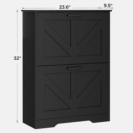 Homleke Farmhouse Shoe Cabinet for Entryway with 2 Barn-Style Flip Drawers, Narrow Shoe Storage Organizer with Top Display Shelf, Adjustable Shelves, Shoe Rack for Hallway, Closet- (Black, 24" Wide)