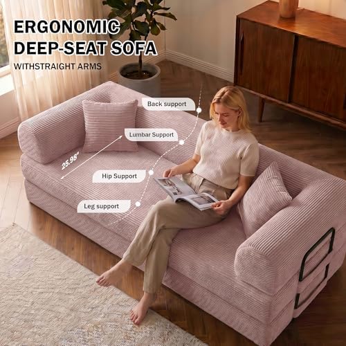 79" Convertible Futon Sofa Bed, Boneless Couch, Pink
