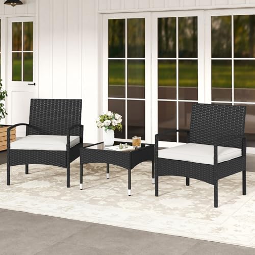 Tangkula 3-Piece Patio Furniture Set, Rattan Bistro Chairs with Soft Cushions, Tempered Glass Top Coffee Table, Outdoor Wicker Conversation Set for Porch Balcony Backyard Poolside (Beige)
