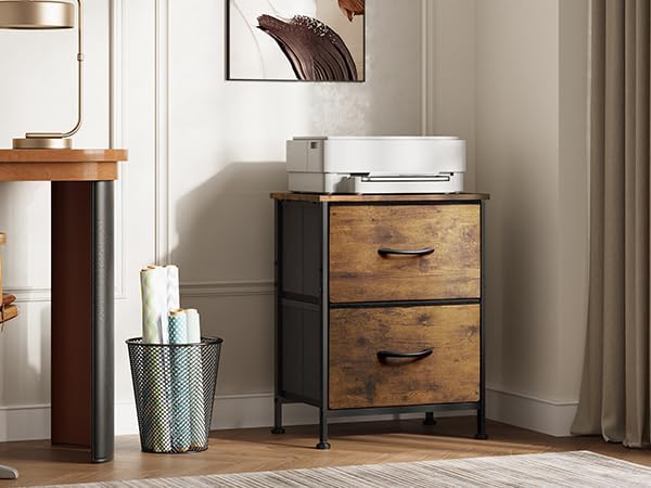 WLIVE Night Stand Set of 2, Small Dresser with 2 Drawers & Wooden Top, Nightstand with Fabric Bins, Bedside Table End Table for Bedroom, Closet, Entryway, College Dorm, Rustic Brown