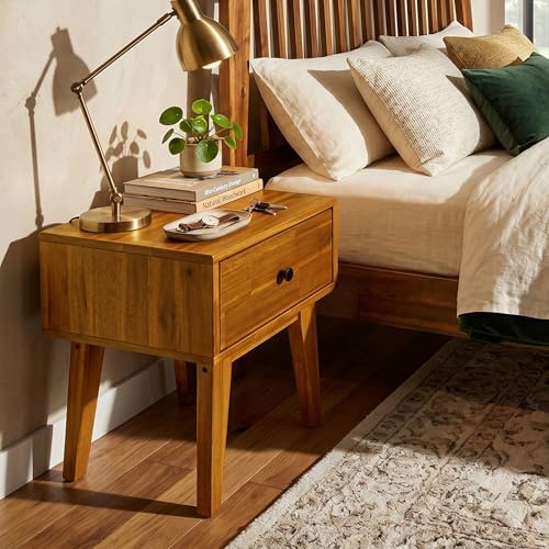 Acacia Sofia Nightstand with Drawer, Bedside Table, Solid Wood Bedside End Table with Drawer and Storage Space for Bedroom, Caramel