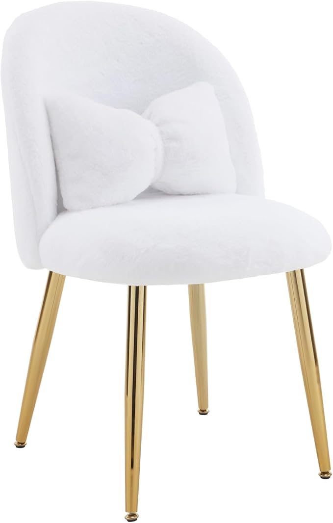 VINGLI Fluffy Girls Vanity Chair with Back & Pillow,Cute Small Cozy Desk Chair No Wheels,Comfy Makeup Ch with Ajustable Gold Legs,for Bedroom,Living Room,Small Space,White