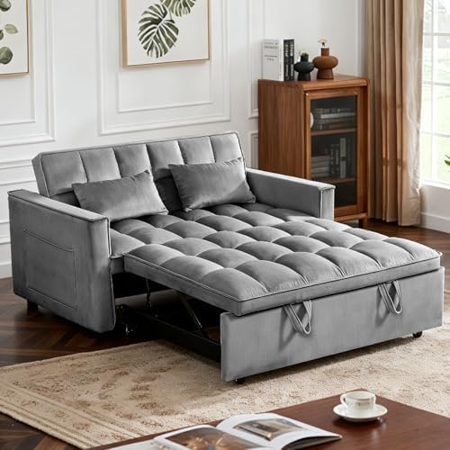 3 in 1 Convertible Sofa Bed, Love Seat Sleeper Bed with Side Pockets, Velvet Fabric Pull Out Couch with Adjustable Backrest for Living Room, Bedroom, Gray Apartment, Gray