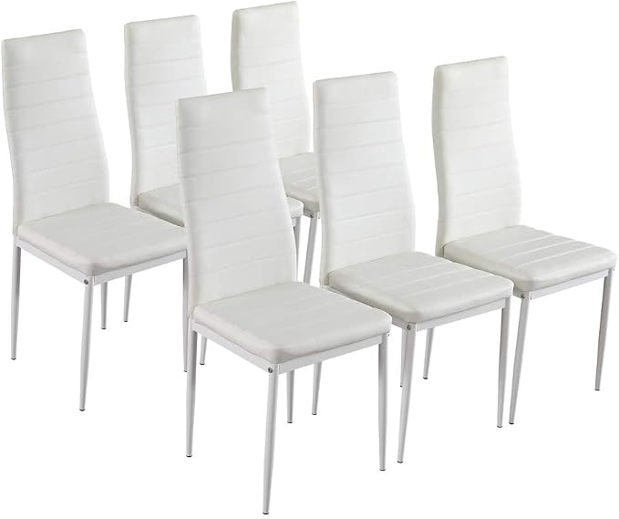 Karl home White Dining Chairs Set of 6, PU Leather & High Back | Kitchen chairs with padded seats & foot cap protection for dining kitchen living room,300lbs capacity,space-saving