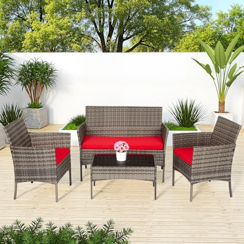 FDW 4-Piece Patio Furniture Set | Gray & Red | Outdoor Wicker Furniture
