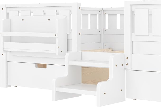 Bellemave Full Size Bed Frame with Storage Drawers & Bookshelf, Low Profile Kids Bed with Staircase & Full Length Guardrails, Solid Wood Full Size Bed Frame Kids with Slats Load 450 LBS, White