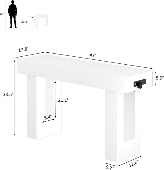 Unikito 47" Entryway Table with Socket and Sensor Light, Narrow Console Table with Storage Behind Couch, Farmhouse Entry Way Tables with Open Storage for Entrance/Hallway/Living Room, White