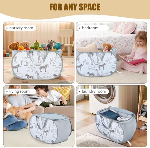 Foldable Toy Storage Basket with Zipper Lid & Handles- Animal Print, Gray