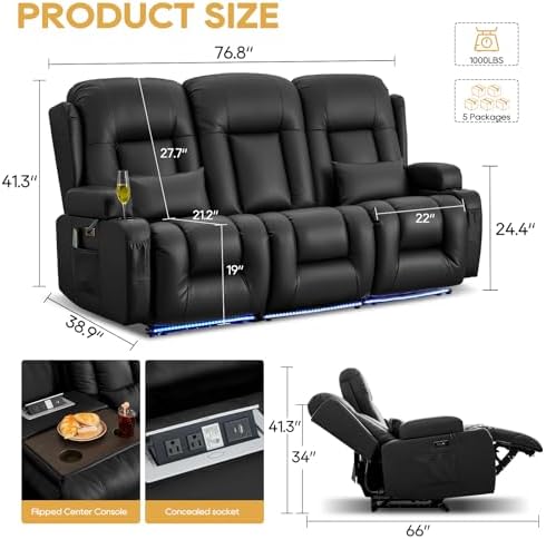 IPKIG Power Loveseat Recliner Sofa with Flip Back Console, 76.8" - 3 Seat