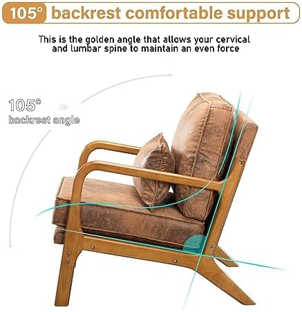 Accent Chair with Cushion, Mid-Century Modern Upholstered Single Reading Armchair with Comfy Leather + Solid Wood Frame for Living Room, Bedroom, Lounge, Balcony (Brown)
