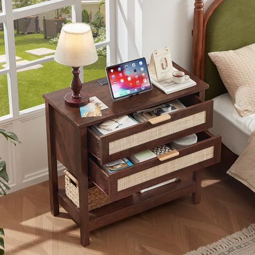 LEYAOYAO 31.5" Wide Rattan Night Stand Set 2 Charger Station