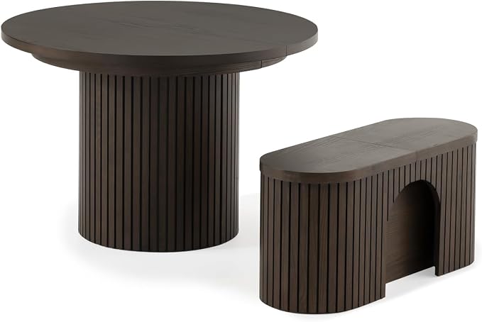 Transformer Table - Solid Wood Extendable Round Dining Table Set with Bench, Seats 4-10, Extendable Round Dining Set, Seat with Hidden Panel Storage, Dark Brown (Table + Bench)