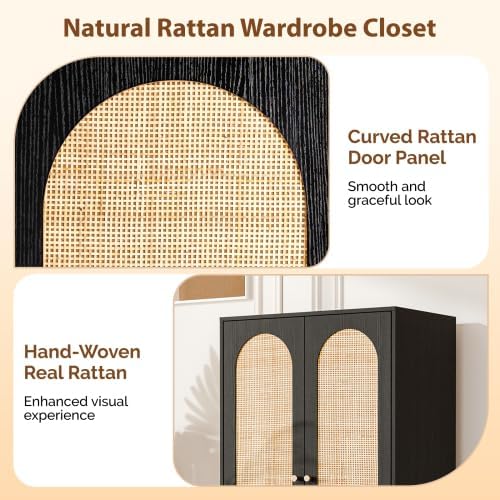 VINGLI Wardrobe Closet with Doors and Drawers, Rattan Armoire Closet with Hanging Rod, Rattan Armoire with Shelves and Doors, Wooden Wardrobe for Hanging Clothes, Black