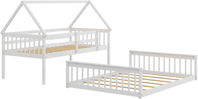 Giantex Wood Twin Over Full Bunk Bed, Solid Wood House Bed Frame Built in Ladder & Safety Guardrails, Convertible to 2 Beds, Floor Bunk Bed for Kids Teens Juniors, No Box Spring Needed, White