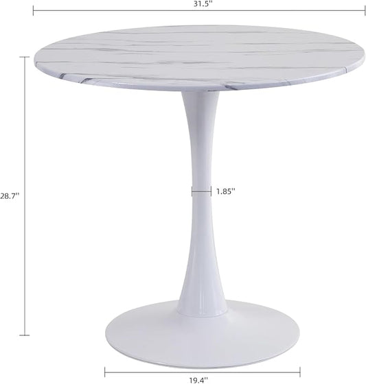 Round Dining Table, 31.5" Circle Tulip Table with Thickened Tabletop & Metal Pedestal, Mid Century Modern Bistro Table for Kitchen, Small Places, Living Room, Cafe (Faux Marble White)