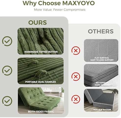 MAXYOYO Folding Sofa Couch Bed, 6 Inch Tri-Fold Floor Sofa Bed, Folding Mattress with Handles, Soft Faux Fur Folding Bed with Supportive Foam Filling, Portable Couch for Living Room, Queen, Dark Green