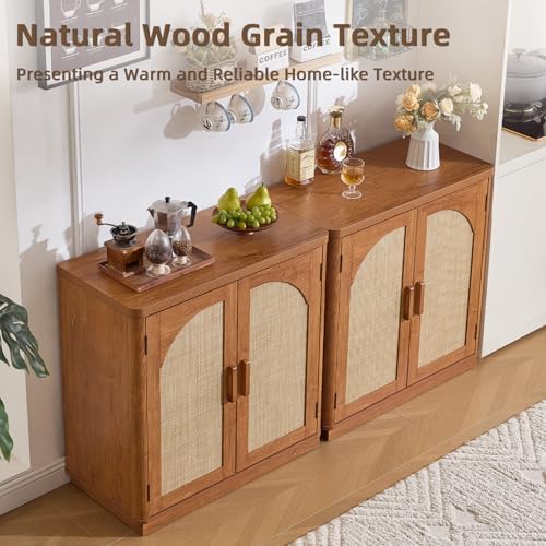 LEYAOYAO Rattan Sideboard Buffet Cabinet with Storage, 63" Coffee Bar Cabinet with 4 Arch Doors & Adjustable Shelves, Wood Console Cabinet, Boho Credenza for Living Room, Kitchen, Brown