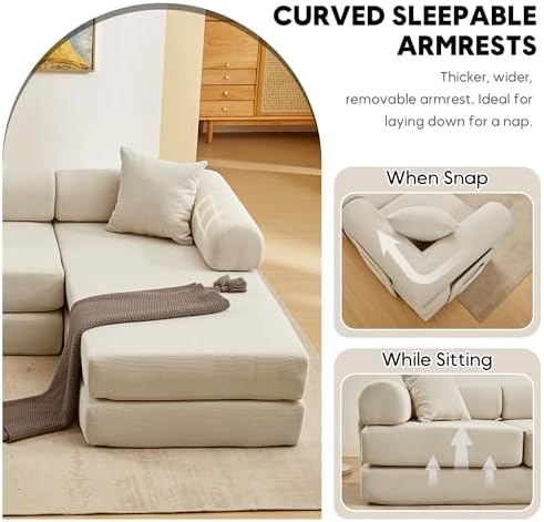 107" Modular Sectional Sofa Bed, L-Shape Corduroy Boneless Couch, Beige