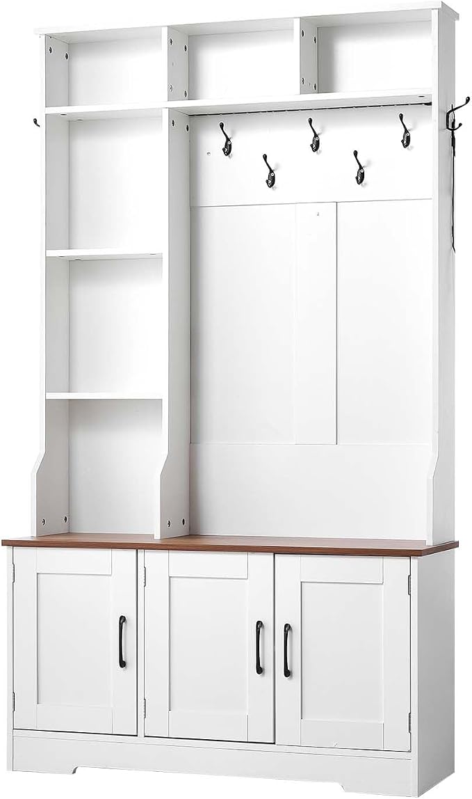 VEVOR Hall Tree with Bench and Shoe Storage, 39" Wide, Entryway Hall Tree with Bench, Hanging Hooks, Storage Shelves, Adjustable Shoe Shelves, LED Light, Wooden, for Mudroom, Entryway, Hallway, White
