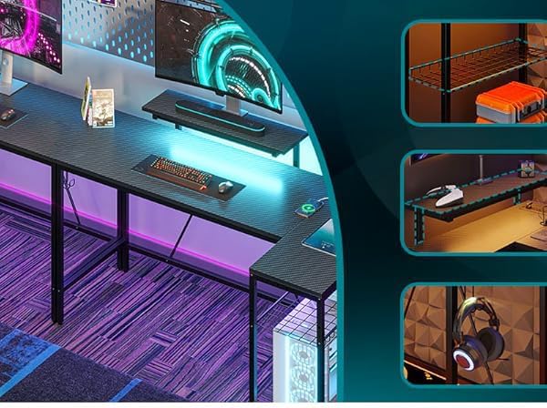 Bestier 58 L Shaped Gaming Desk with LED Lights & Power Outlets,Reversible Home Office Corner Desk with Shelves,Larger PC Workstation with Hooks for Studying,Desk for Bedroom,Carbon Fiber Black