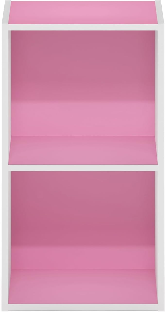 Furinno PASIR Book Shelf, 2-Tier Modern Bookshelf, Open Shelves Bookcase 9 x 12 x 21, Easy Assembly, for Living Room, Bedroom, Home Office, Pink/White