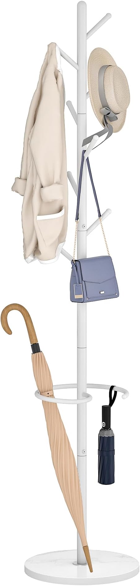 CHOEZON Coat Rack Freestanding, Coat Rack with Umbrella Holder, Coat Hanger Stand with 8 Hooks, Coat Tree with Marble Base, 3 Adjustable Size, for Entryway, Living Room, Bedroom Marble White TYM09WD