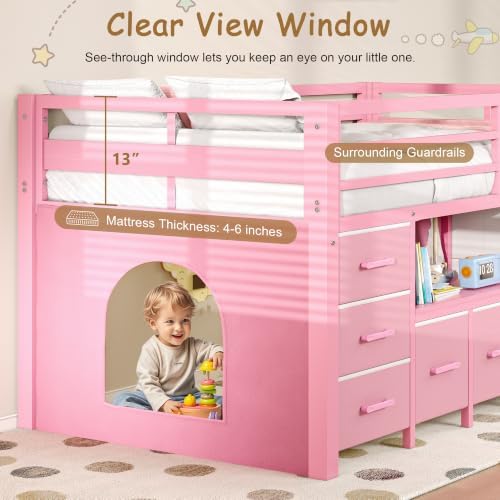Feonase Low Loft Bed Twin Size with 8 Storage Drawers, Twin Loft Bed with Bookcase, Metal Kids Loft Bed with 13" H Safety Guardrail, Under-Bed Play Space and Play Curtain for Kids, Pink