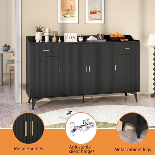 Black Sideboard Buffet Cabinet with Storage, 63" Fluted Sideboard