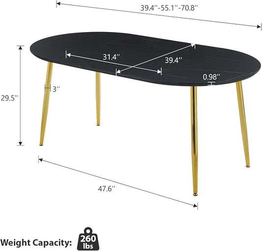70” Extendable Round Dining Table for 4 6 Modern Oval Dining Room Table Expandable Large Dinner Table for Kitchen Faux Marble Top Gold Metal Leg Black