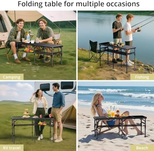 4-Fold Camping Table, 46” X 16” Portable Folding Camping Table, Black