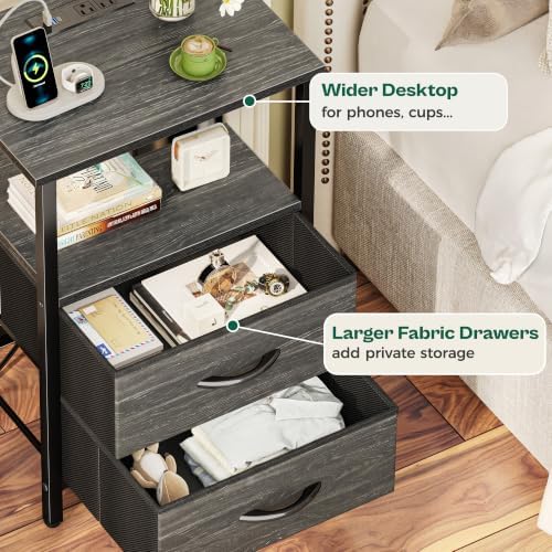 Huuger Night Stand with Charger Station and LED Lights, 2 Drawer Nightstand