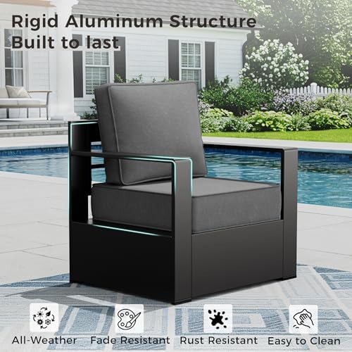 Outdoor Patio Furniture Set, 5-Piece Aluminum Patio Conversation Set All-Weather Metal Outdoor Sectional with 6 Inch Thick Cushions, Deep Setting and Fireplace for Garden, Outside and Porch, Grey