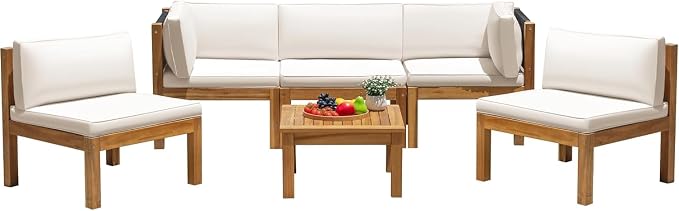 Greesum 6 Pieces Small Patio Sofa, Acacia Wood Frame, Padded Patio Conversation and Chairs Set for Garden, Backyard, Poolside, Beige