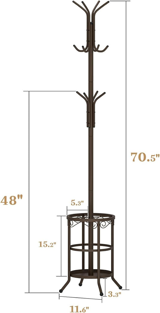 Coat Rack Freestanding With Umbrella Holder – Metal Hall Tree with 12 Hooks, Entryway Organizer for Hats, Bags, and Clothes (Brown)