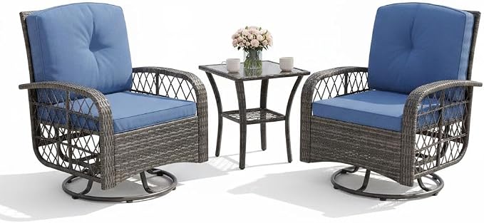 Garvee 3 Pieces Patio Furniture Set, Outdoor Swivel Glider Rocker Set w/Washable Cushion and Tempered Glass Tabletop, Conversation Furniture for Deck Porch Balcony Backyard Garden,Gray & Blue