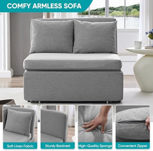 BALUS 40" W Twin Size Pull Out Sofa Bed Chair Sleeper Couch with Pullout Beds, Linen 2 in 1 Convertible Sleepers Sofa Chair Turns into Twin Bed with Pillows for Small Space Apartment Loft, Light Grey