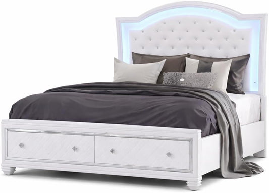 First of a Kind Shiney Contemporary 4 Piece King Bedroom Set High Gloss White Finish with Upholstered Headboard, Sleek Modern Bedroom Furniture Set for Coordinated Interiors