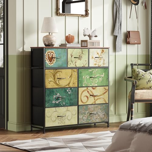 WLIVE Tall Dresser for Bedroom, 9 Drawer Chest of Drawers, Floral