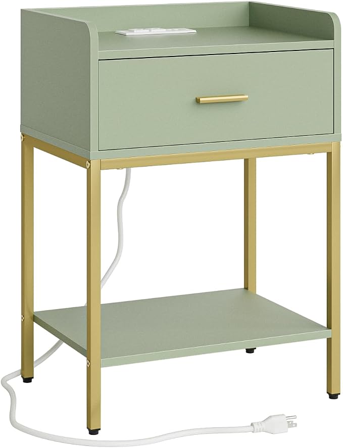 Masupu Nightstand with Charging Station,3-Tier Modern Bedside Night Stand with Storage Drawer and Shelf,Small End Side Table for Bedroom,Living Room,Gold and Green