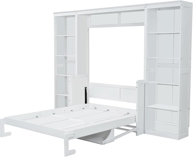 MERITLINE Full Murphy Bed with Desk and Storage Shelves, Wood Murphy Wall Bed Cabinet with with Storage Cabinet Vertical Units